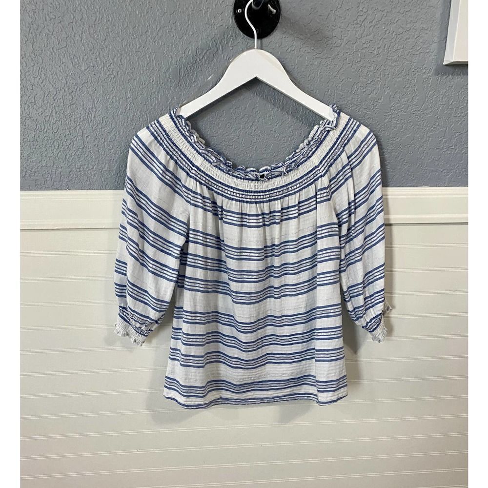 INC White/Blue Stripe Ruffle Boat Neck Blouse Women's Size XS